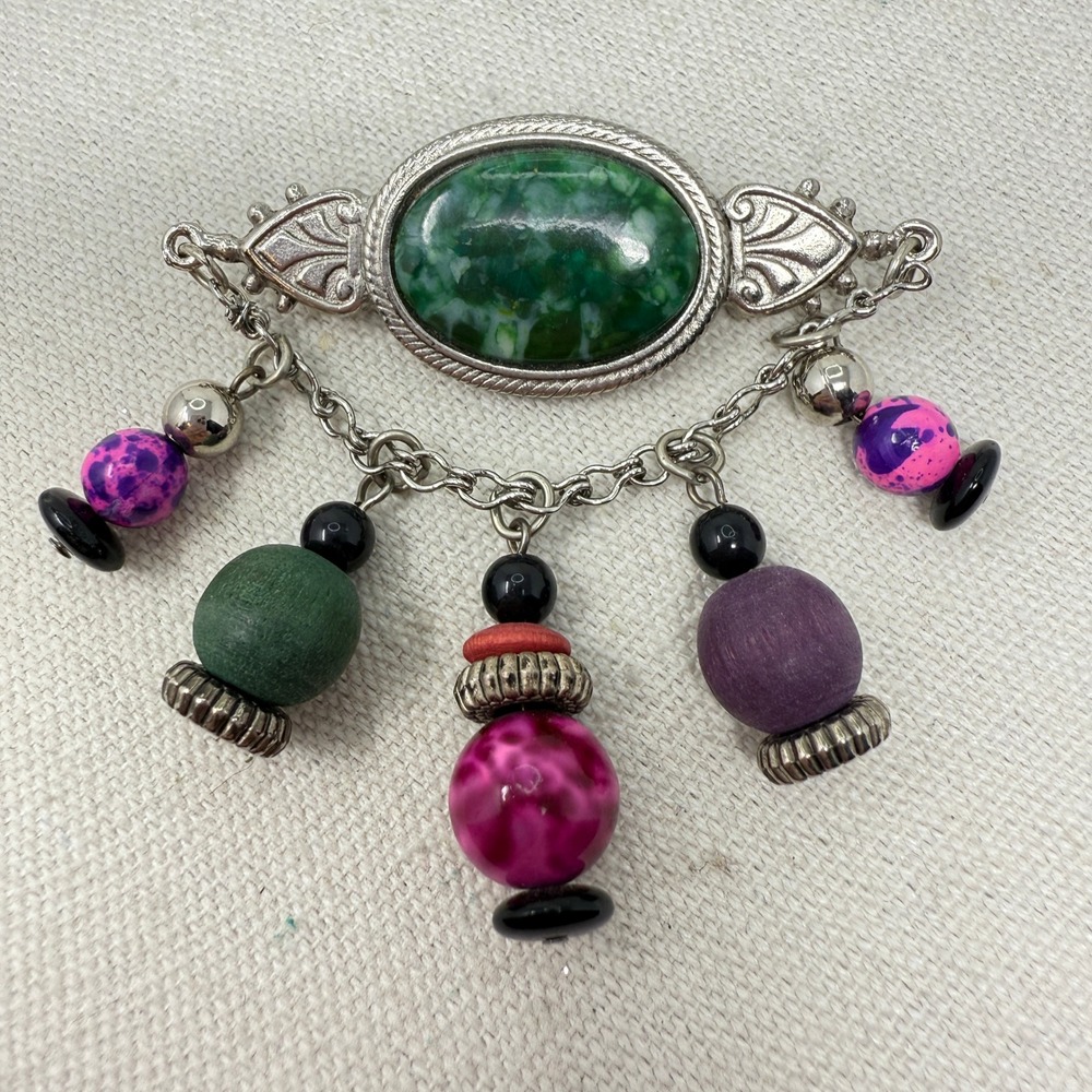Vintage Style Green Stone Dangle Brooch Colorful‎ Beaded Statement Pin